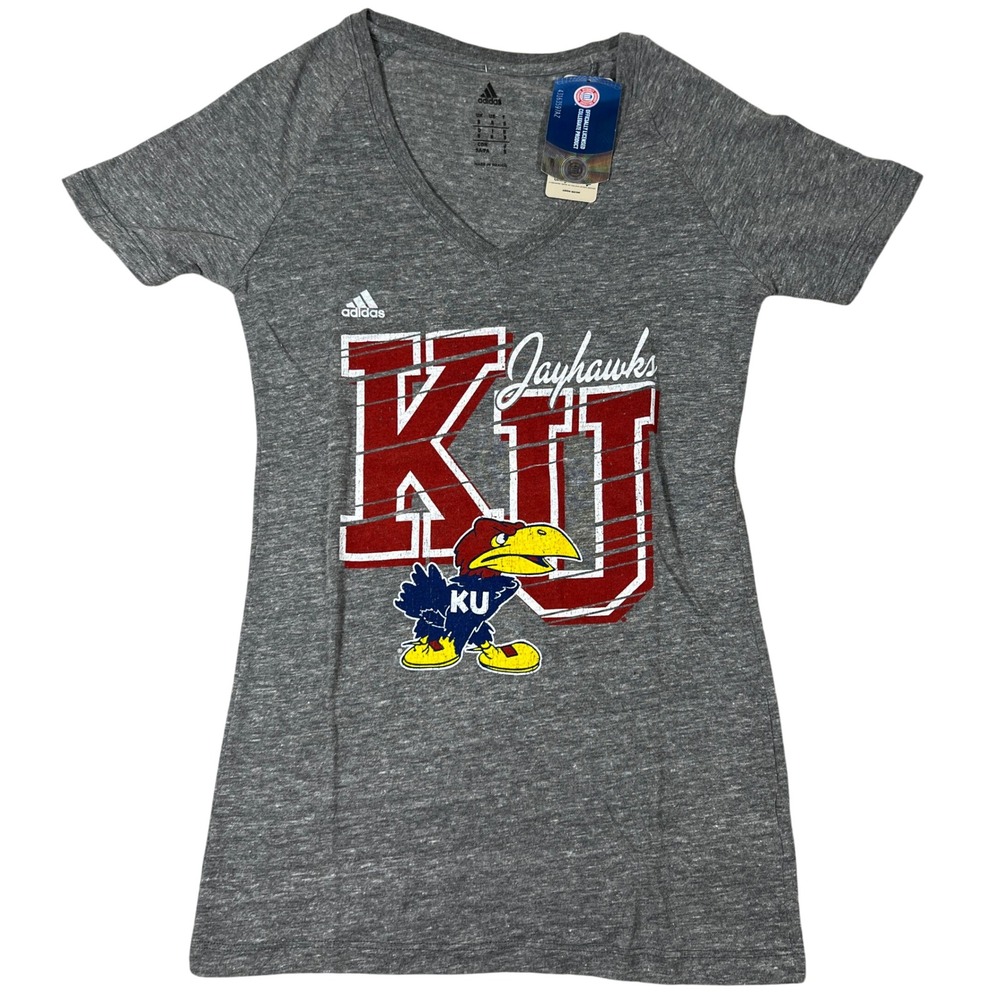 Adidas Kansas Jayhawks Womens Small‎ Gray V-Neck T-Shirt NWTKU Logo